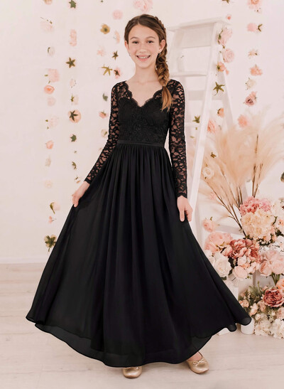 A-Line V-Neck Long Sleeves Floor-Length Chiffon/Lace Junior Bridesmaid Dresses With Lace