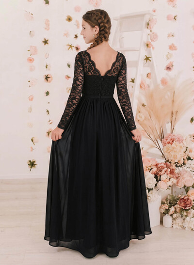 A-Line V-Neck Long Sleeves Floor-Length Chiffon/Lace Junior Bridesmaid Dresses With Lace