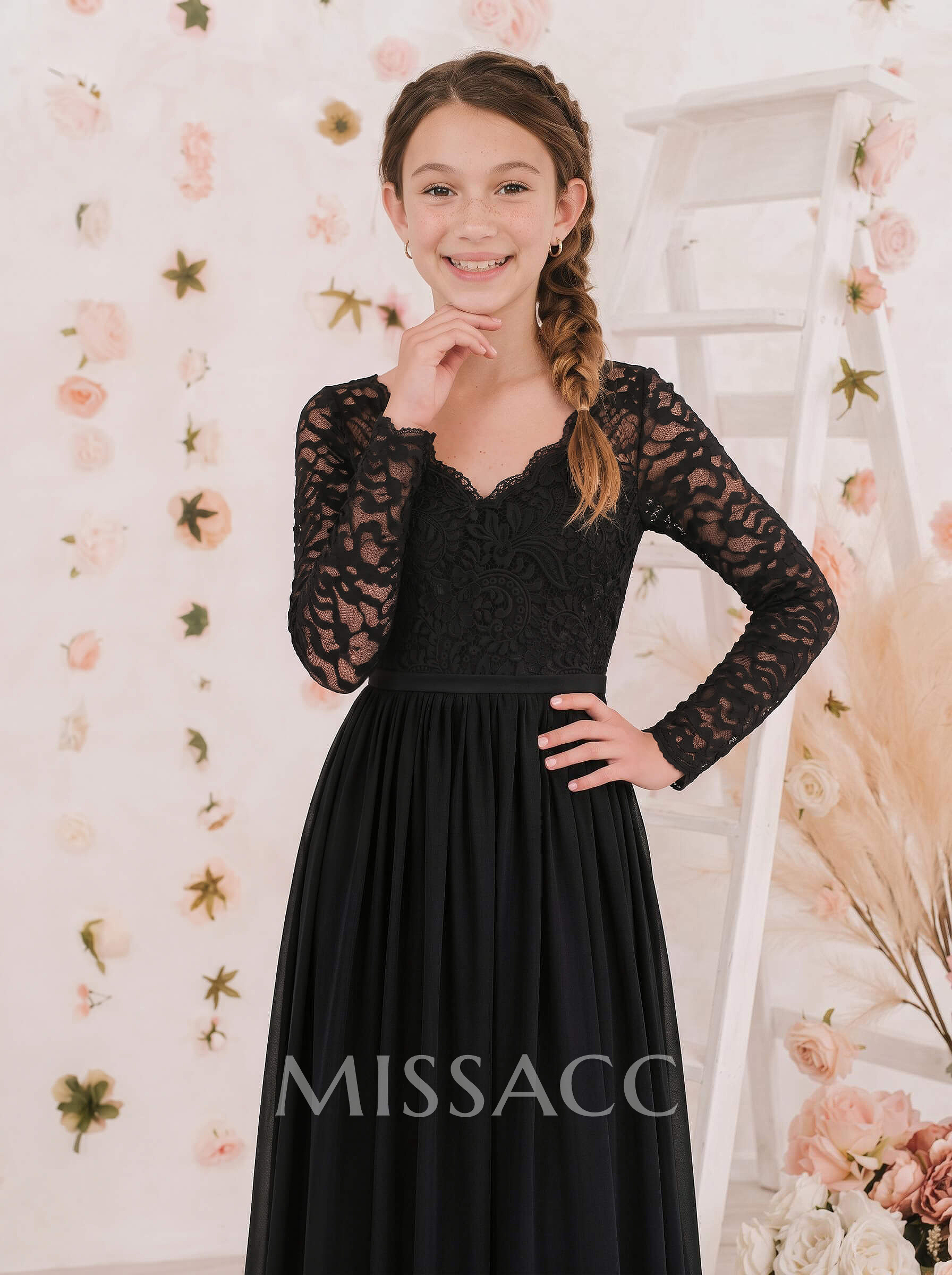 A-Line V-Neck Long Sleeves Floor-Length Chiffon/Lace Junior Bridesmaid Dresses With Lace