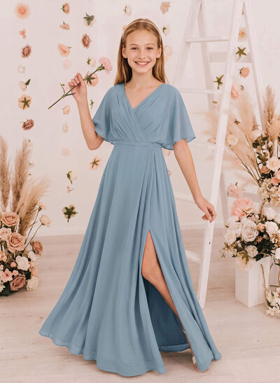 A-Line V-Neck 1/2 Sleeves Floor-Length Chiffon Junior Bridesmaid Dresses With High Split