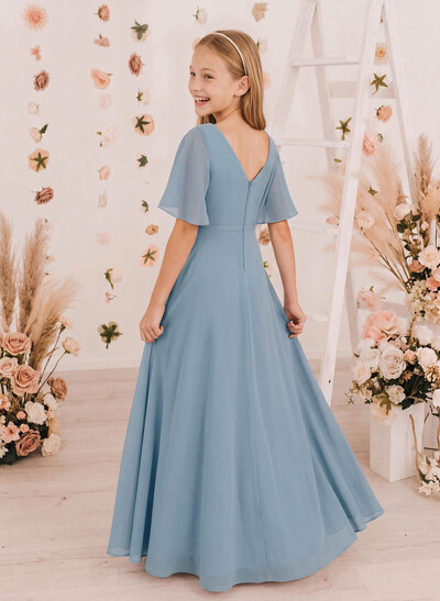 A-Line V-Neck 1/2 Sleeves Floor-Length Chiffon Junior Bridesmaid Dresses With High Split