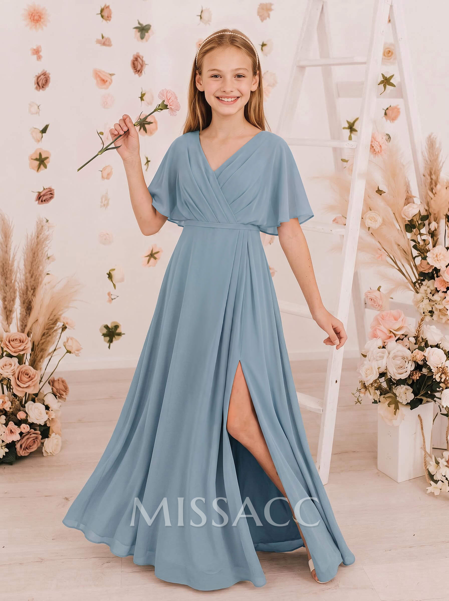 A-Line V-Neck 1/2 Sleeves Floor-Length Chiffon Junior Bridesmaid Dresses With High Split