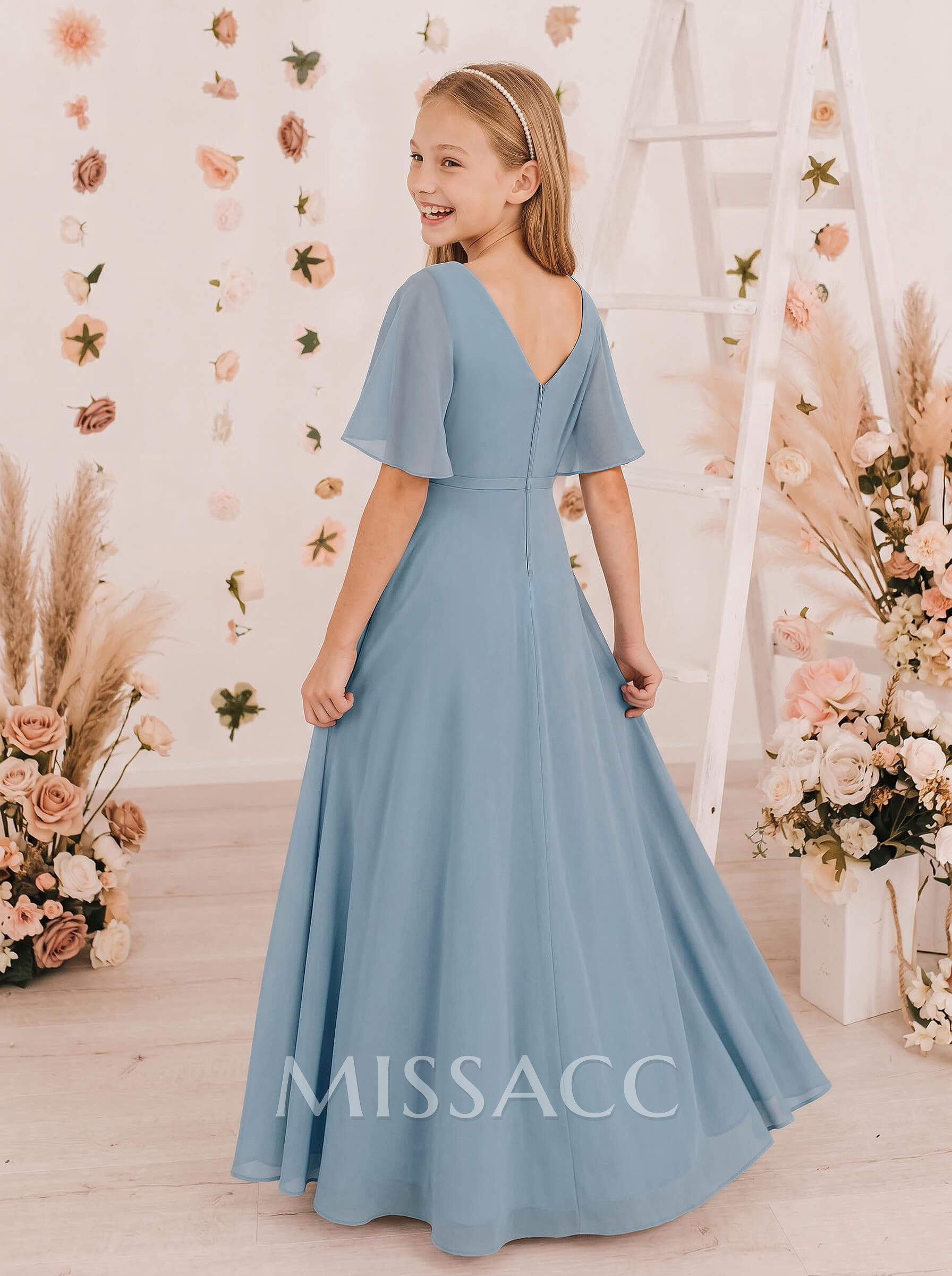 A-Line V-Neck 1/2 Sleeves Floor-Length Chiffon Junior Bridesmaid Dresses With High Split