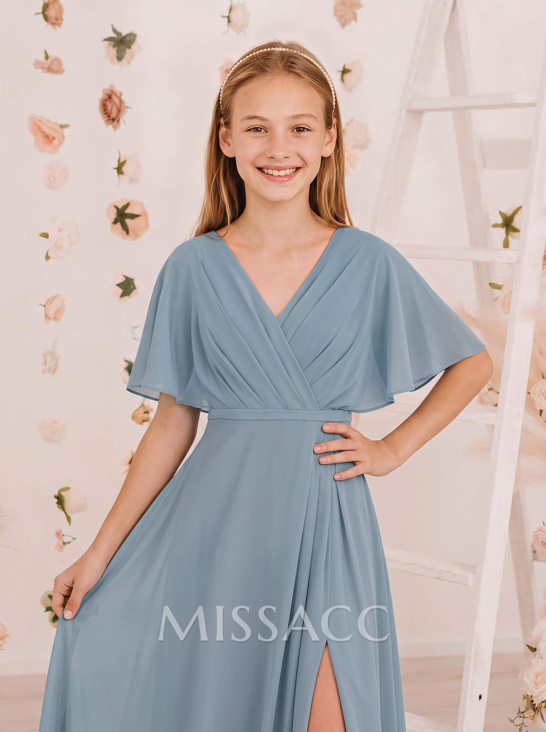 A-Line V-Neck 1/2 Sleeves Floor-Length Chiffon Junior Bridesmaid Dresses With High Split