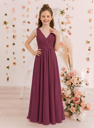 A-Line Plunge Neck Sleeveless Floor-Length Chiffon Junior Bridesmaid Dresses