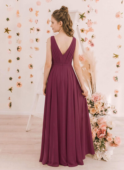 A-Line Plunge Neck Sleeveless Floor-Length Chiffon Junior Bridesmaid Dresses