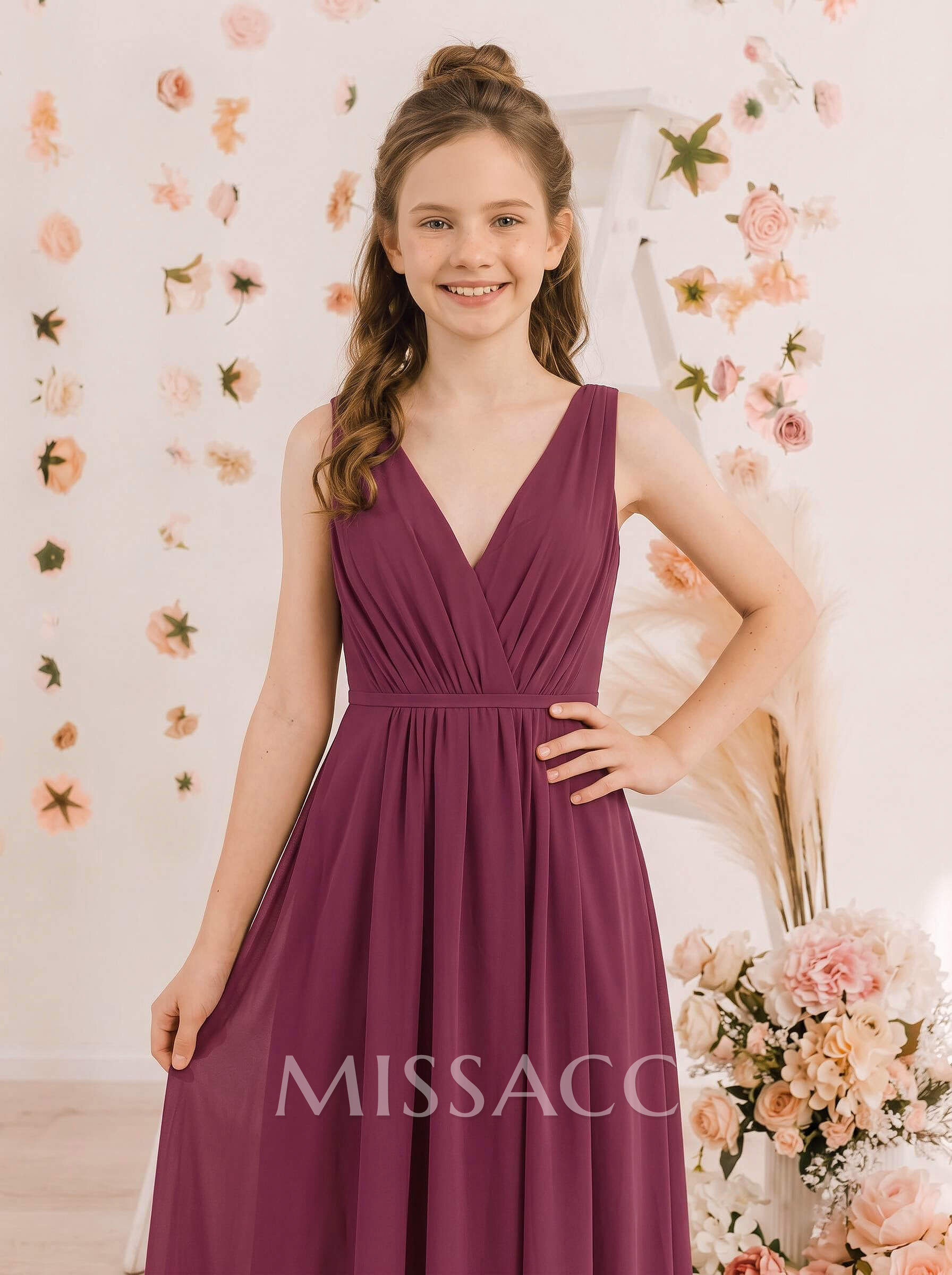 A-Line Plunge Neck Sleeveless Floor-Length Chiffon Junior Bridesmaid Dresses