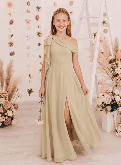 A-Line Asymmetrical Sleeveless Floor-Length Chiffon Junior Bridesmaid Dresses With Split Front/Bow