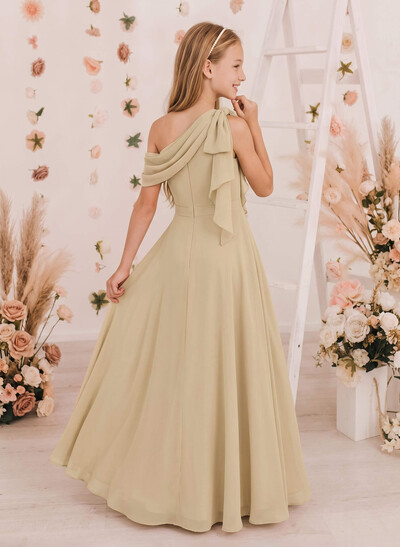 A-Line Asymmetrical Sleeveless Floor-Length Chiffon Junior Bridesmaid Dresses With Split Front/Bow