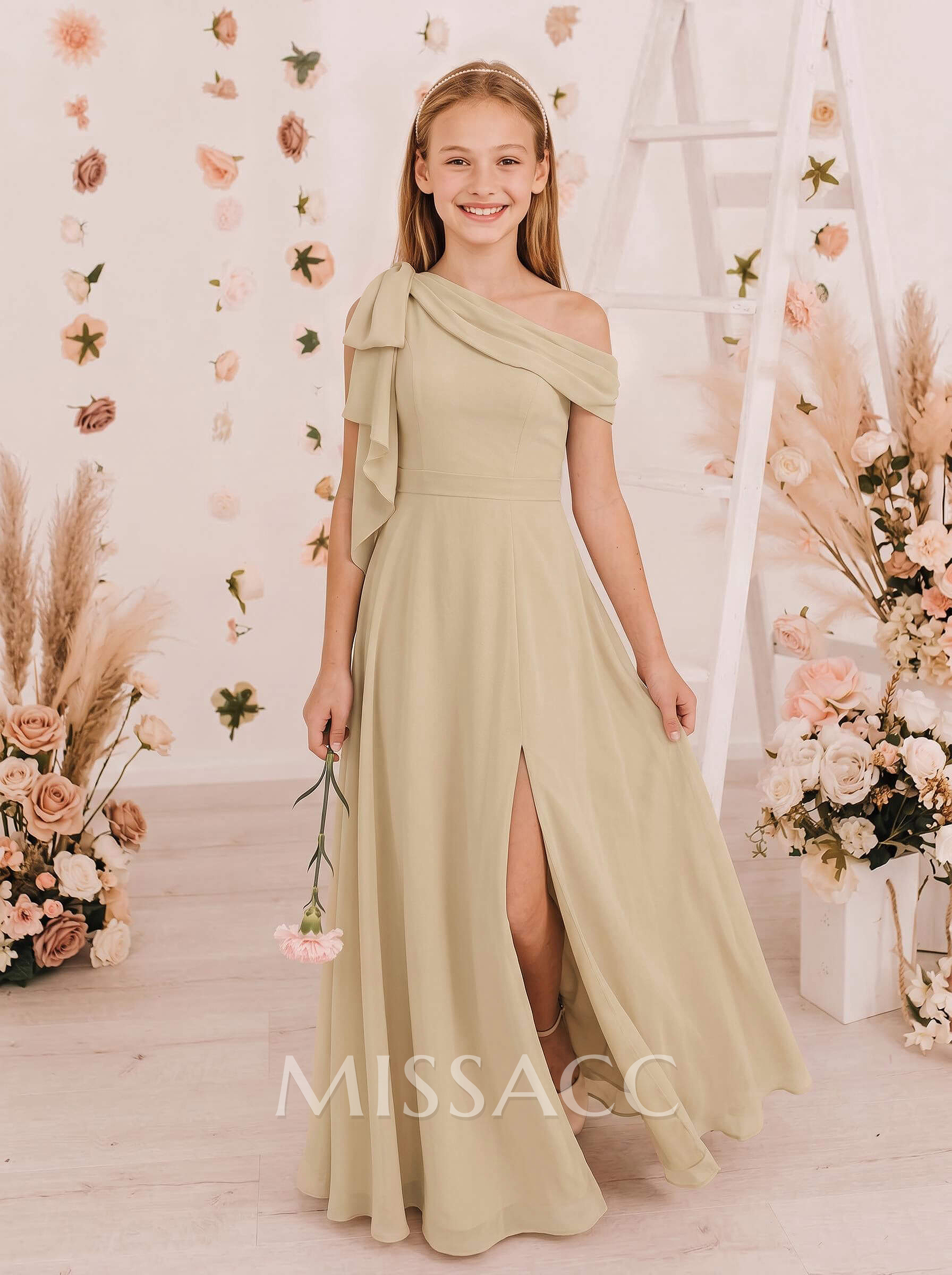 A-Line Asymmetrical Sleeveless Floor-Length Chiffon Junior Bridesmaid Dresses With Split Front/Bow