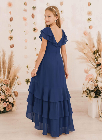 Sheath/Column V-Neck Short Sleeves Asymmetrical Chiffon Junior Bridesmaid Dresses With Ruffle