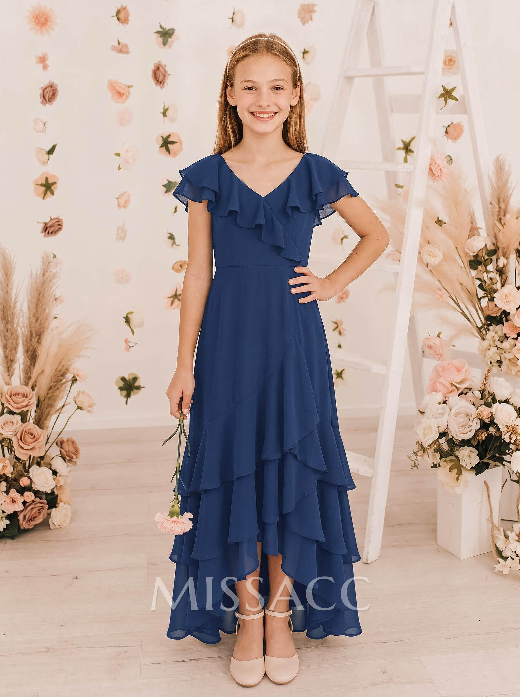Sheath/Column V-Neck Short Sleeves Asymmetrical Chiffon Junior Bridesmaid Dresses With Ruffle
