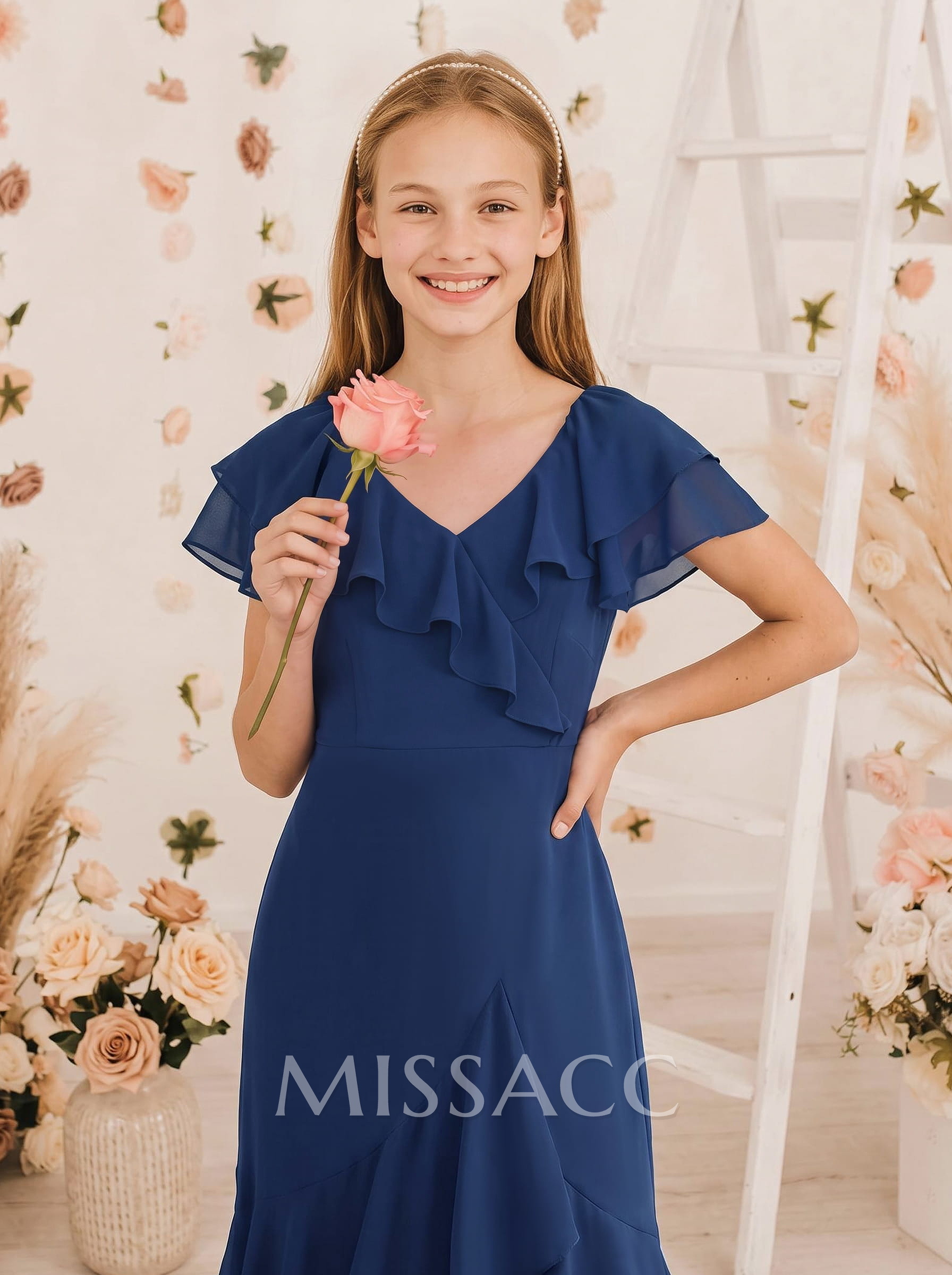 Sheath/Column V-Neck Short Sleeves Asymmetrical Chiffon Junior Bridesmaid Dresses With Ruffle
