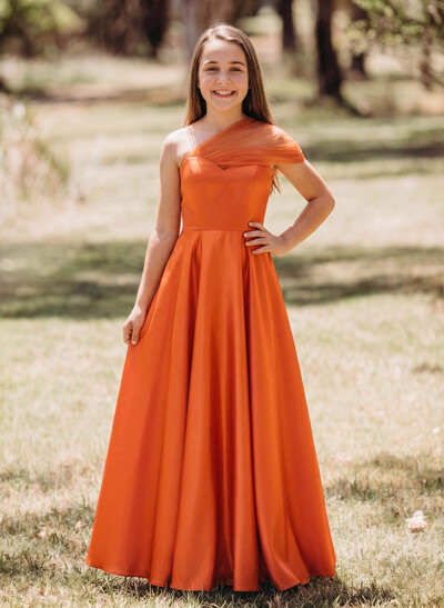 A-Line One-Shoulder Sleeveless Floor-Length Satin Junior Bridesmaid Dresses
