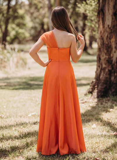 A-Line One-Shoulder Sleeveless Floor-Length Satin Junior Bridesmaid Dresses