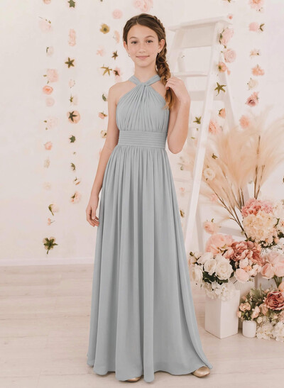 A-Line Halter Sleeveless Floor-Length Chiffon Junior Bridesmaid Dresses