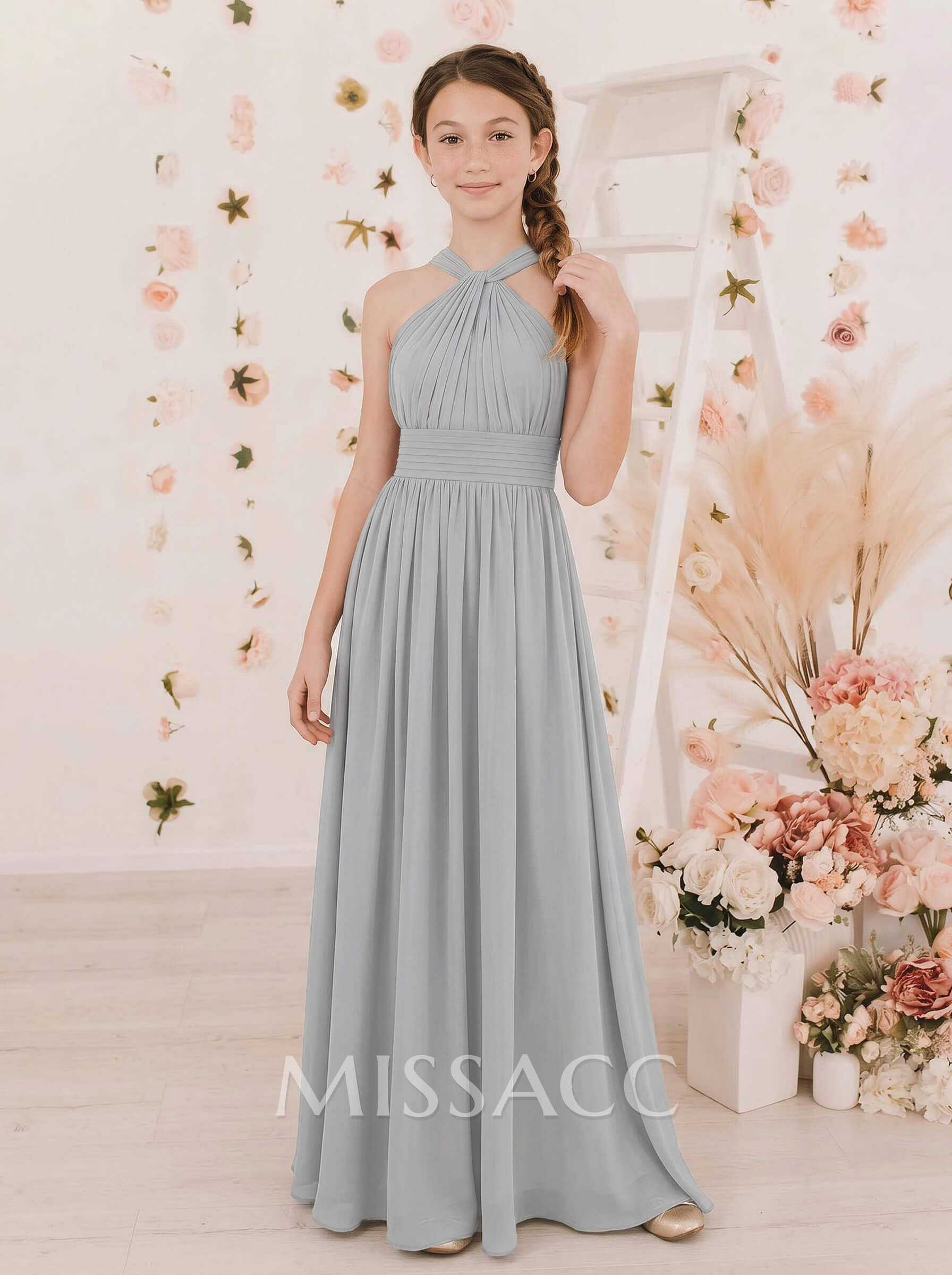 A-Line Halter Sleeveless Floor-Length Chiffon Junior Bridesmaid Dresses