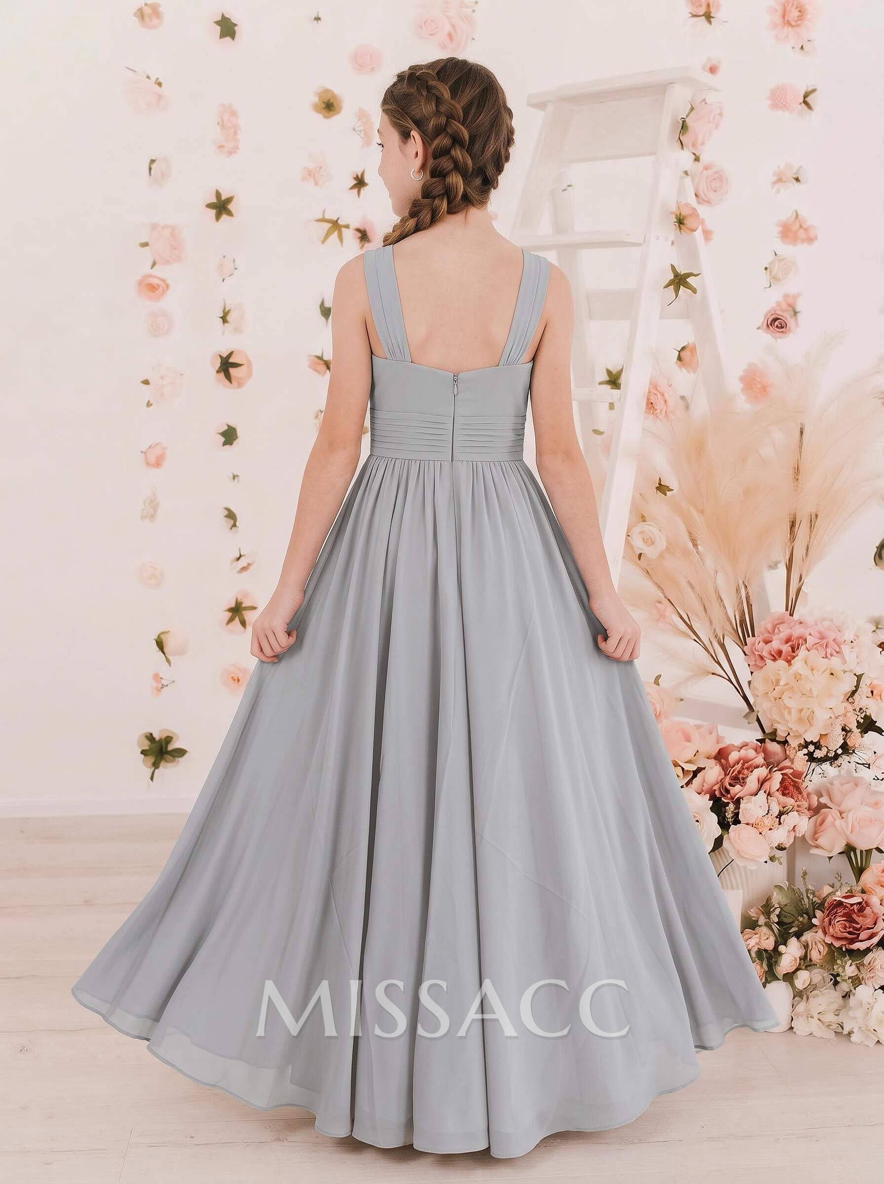 A-Line Halter Sleeveless Floor-Length Chiffon Junior Bridesmaid Dresses