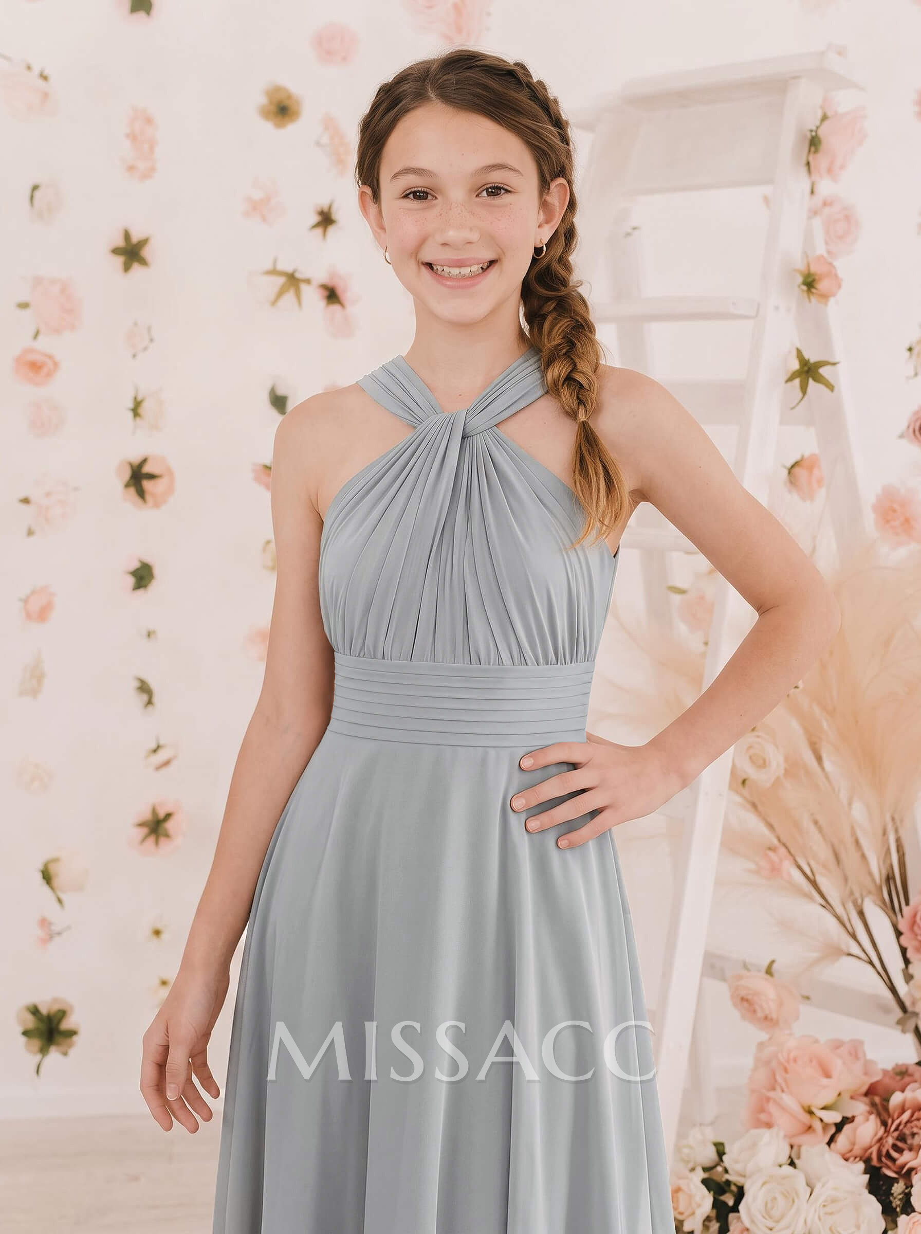 A-Line Halter Sleeveless Floor-Length Chiffon Junior Bridesmaid Dresses