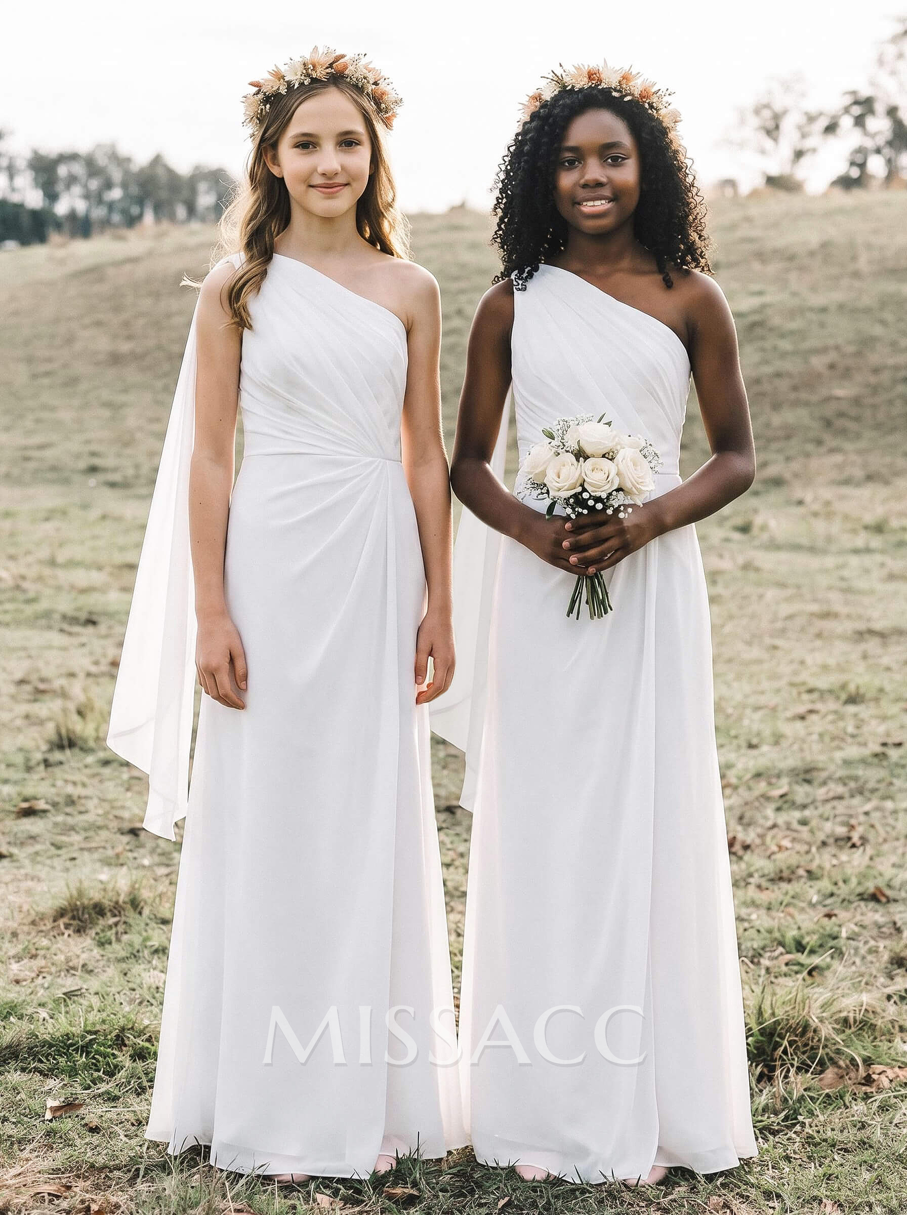 Sheath/Column One-Shoulder Sleeveless Floor-Length Chiffon Junior Bridesmaid Dresses