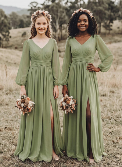 A-Line Plunge Neck Long Sleeves Floor-Length Chiffon Junior Bridesmaid Dresses With Split Front
