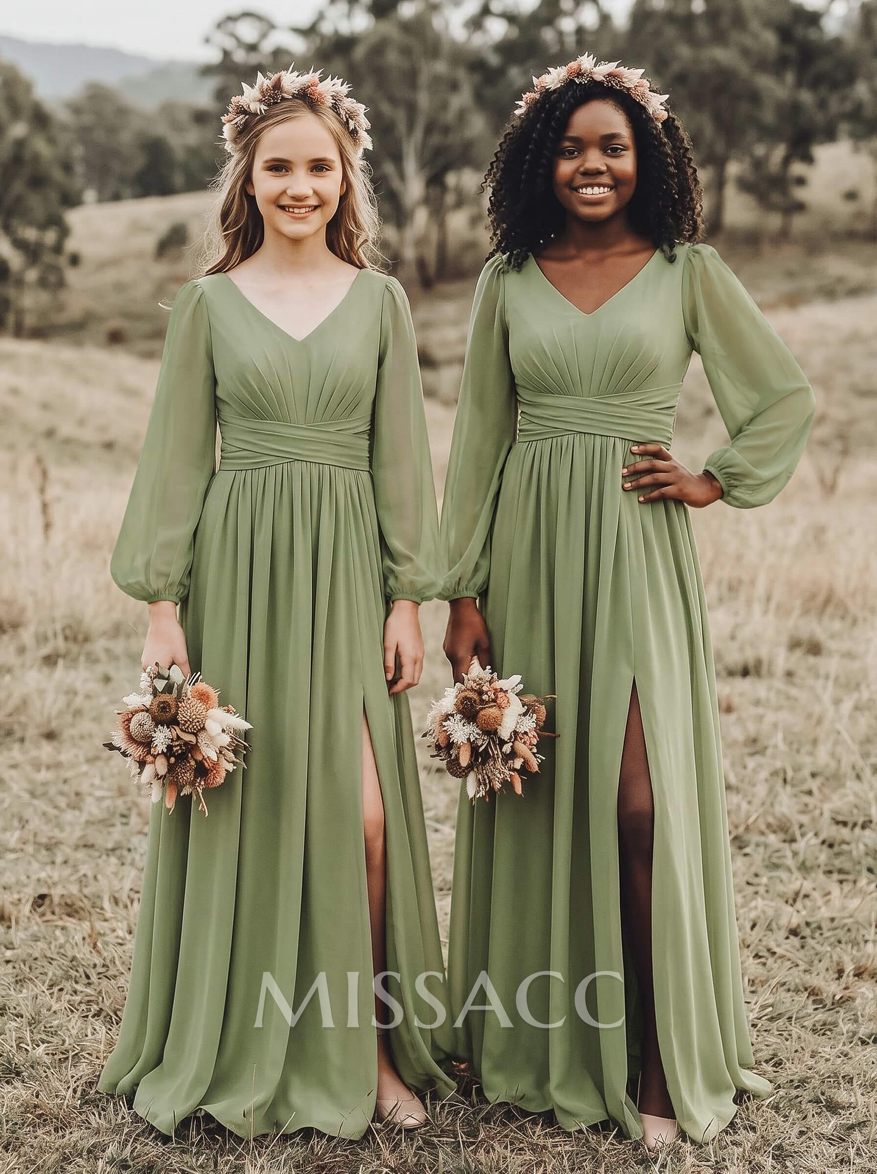 A-Line Plunge Neck Long Sleeves Floor-Length Chiffon Junior Bridesmaid Dresses With Split Front