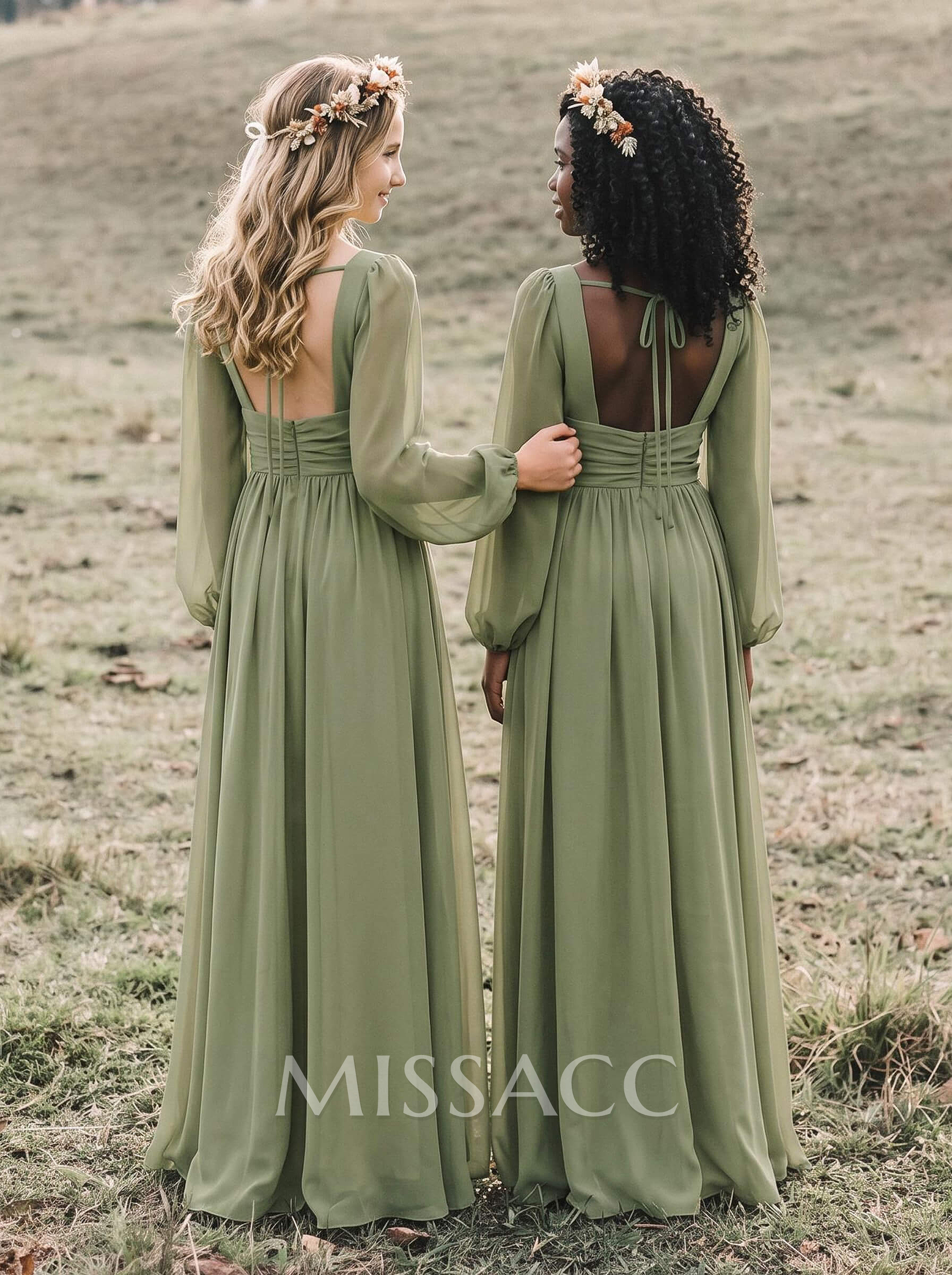 A-Line Plunge Neck Long Sleeves Floor-Length Chiffon Junior Bridesmaid Dresses With Split Front