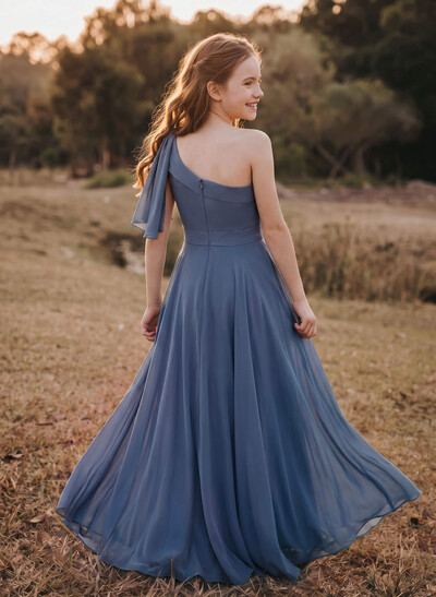 A-Line One-Shoulder Sleeveless Floor-Length Chiffon Junior Bridesmaid Dresses With Bow/Pockets