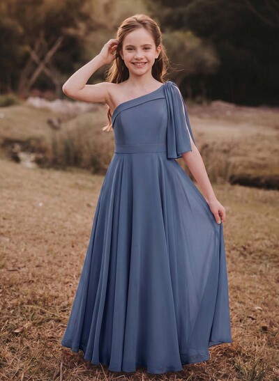 A-Line One-Shoulder Sleeveless Floor-Length Chiffon Junior Bridesmaid Dresses With Bow/Pockets