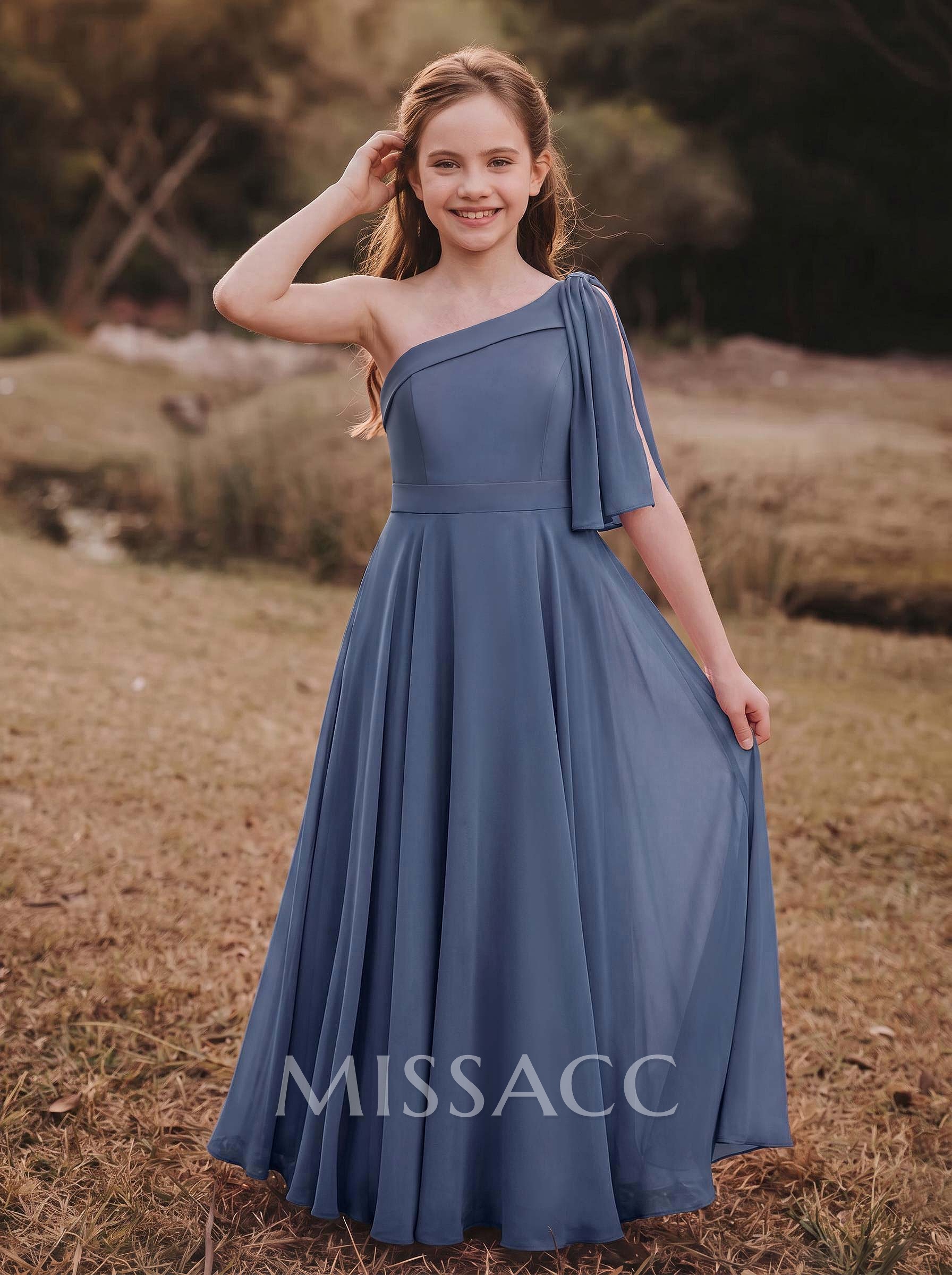 A-Line One-Shoulder Sleeveless Floor-Length Chiffon Junior Bridesmaid Dresses With Bow/Pockets