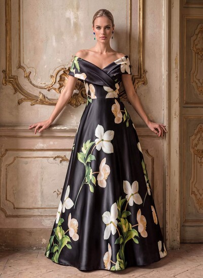 A-Line V-Neck Sleeveless Floor-Length Satin Mother Of The Bride Dresses With Floral-Print