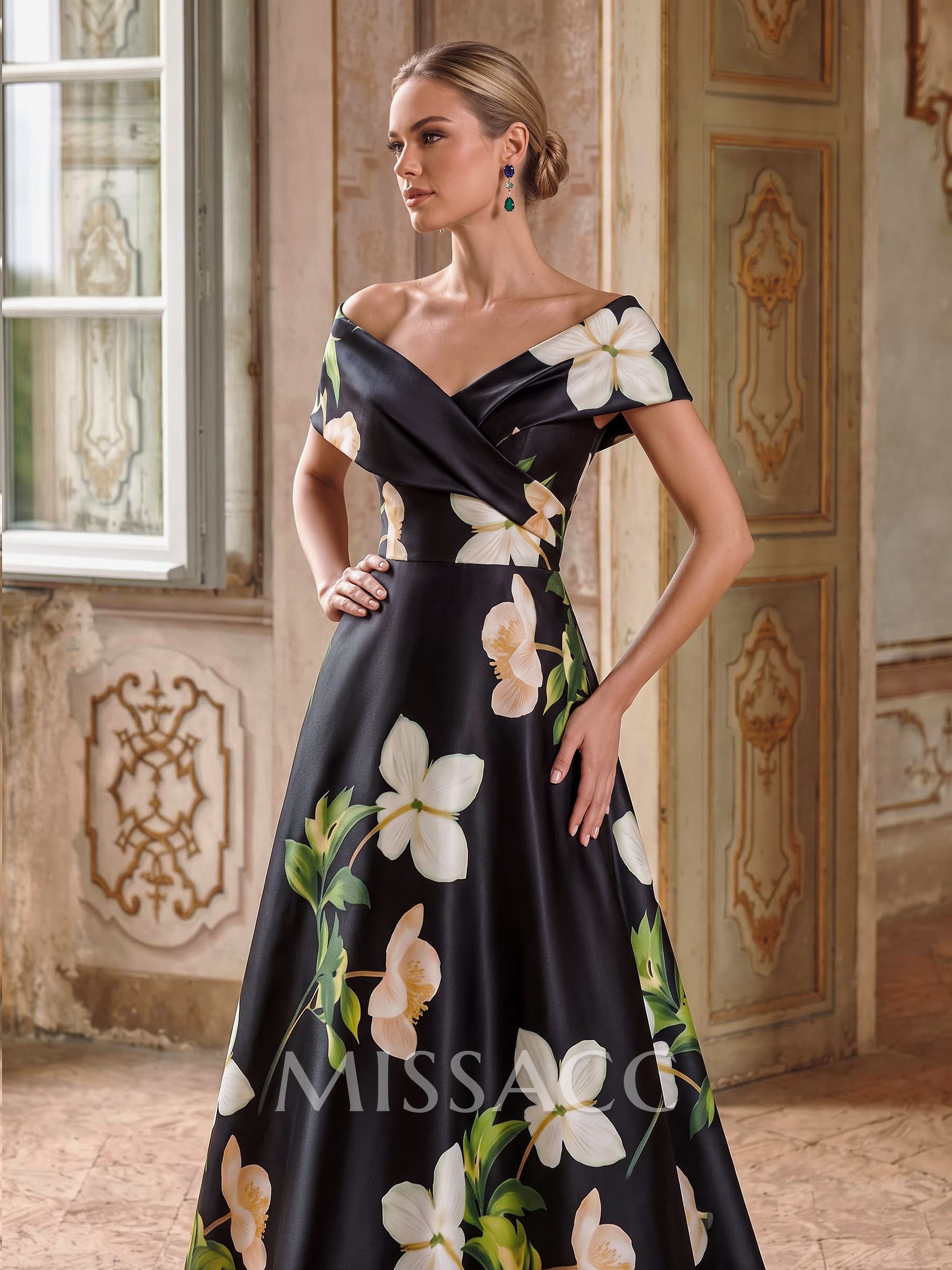 A-Line V-Neck Sleeveless Floor-Length Satin Mother Of The Bride Dresses With Floral-Print