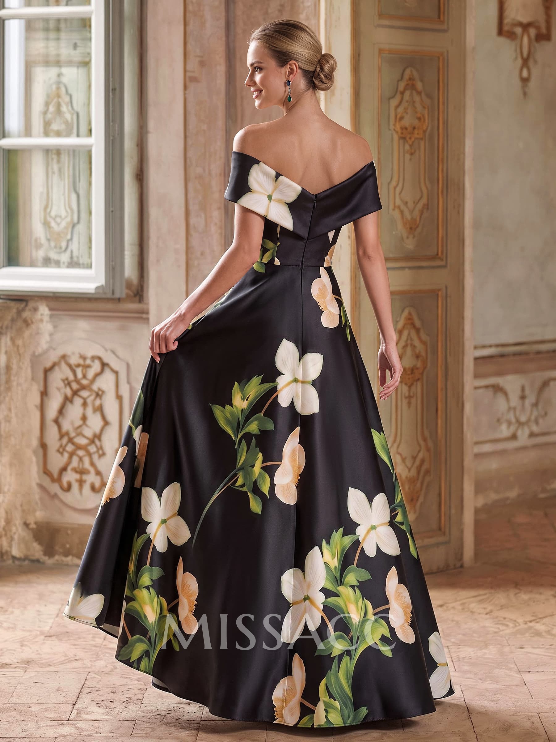 A-Line V-Neck Sleeveless Floor-Length Satin Mother Of The Bride Dresses With Floral-Print