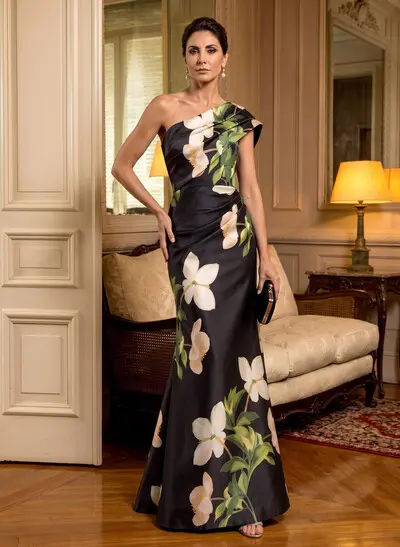 Trumpet/Mermaid One-Shoulder Sleeveless Maxi Satin Mother Of The Bride Dress With Floral Print