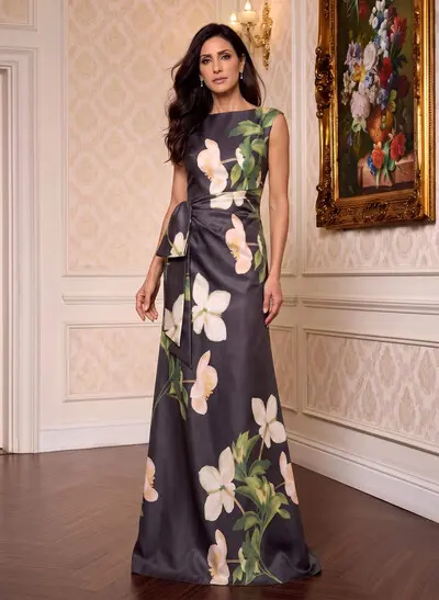 Sleeveless Square Neck Floral Satin Column Maxi Mother Of The Bride Dress