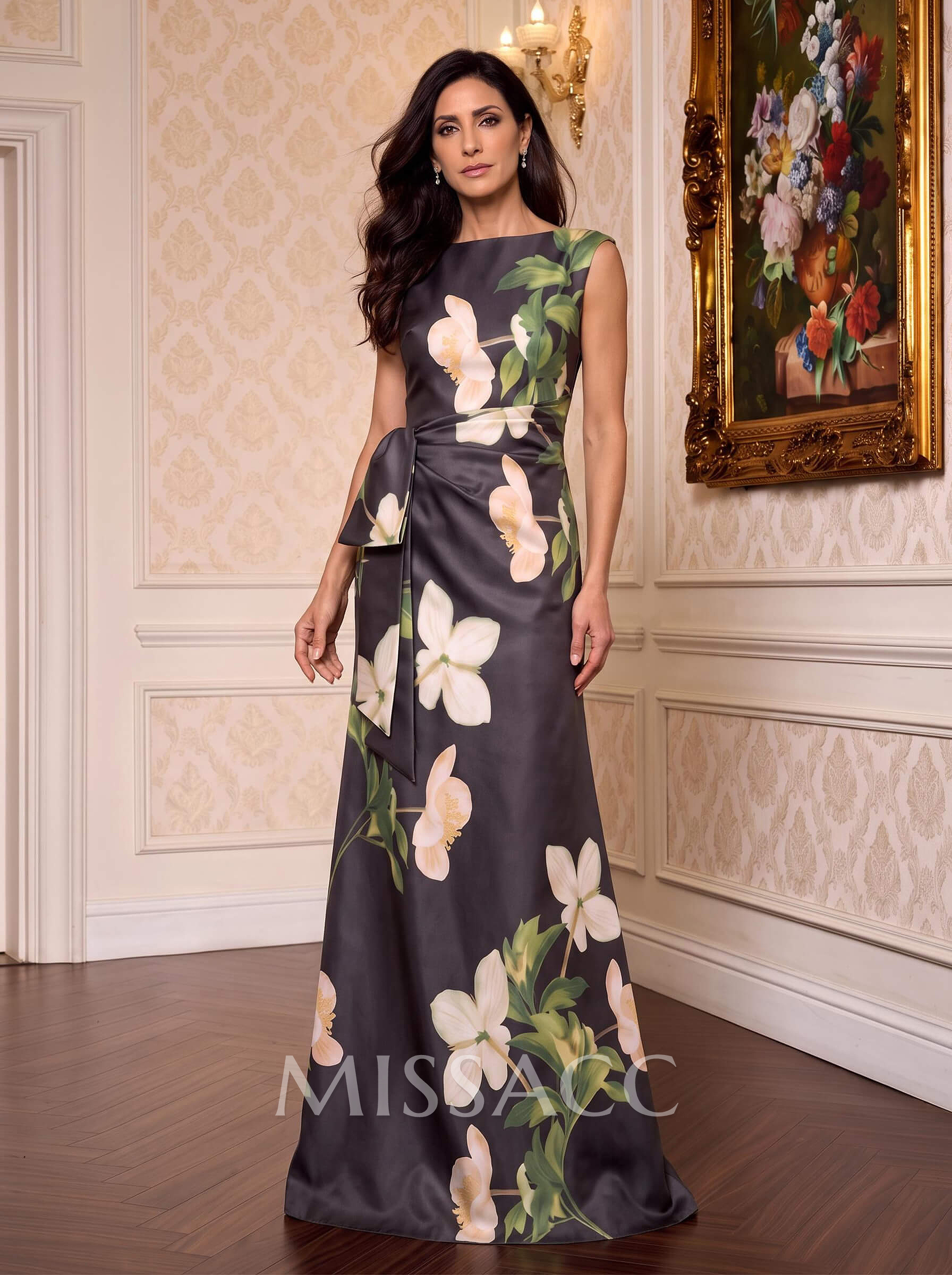 Sheath/Column Square Neckline Sleeveless Floor-Length Satin Mother Of The Bride Dresses With Floral-Print