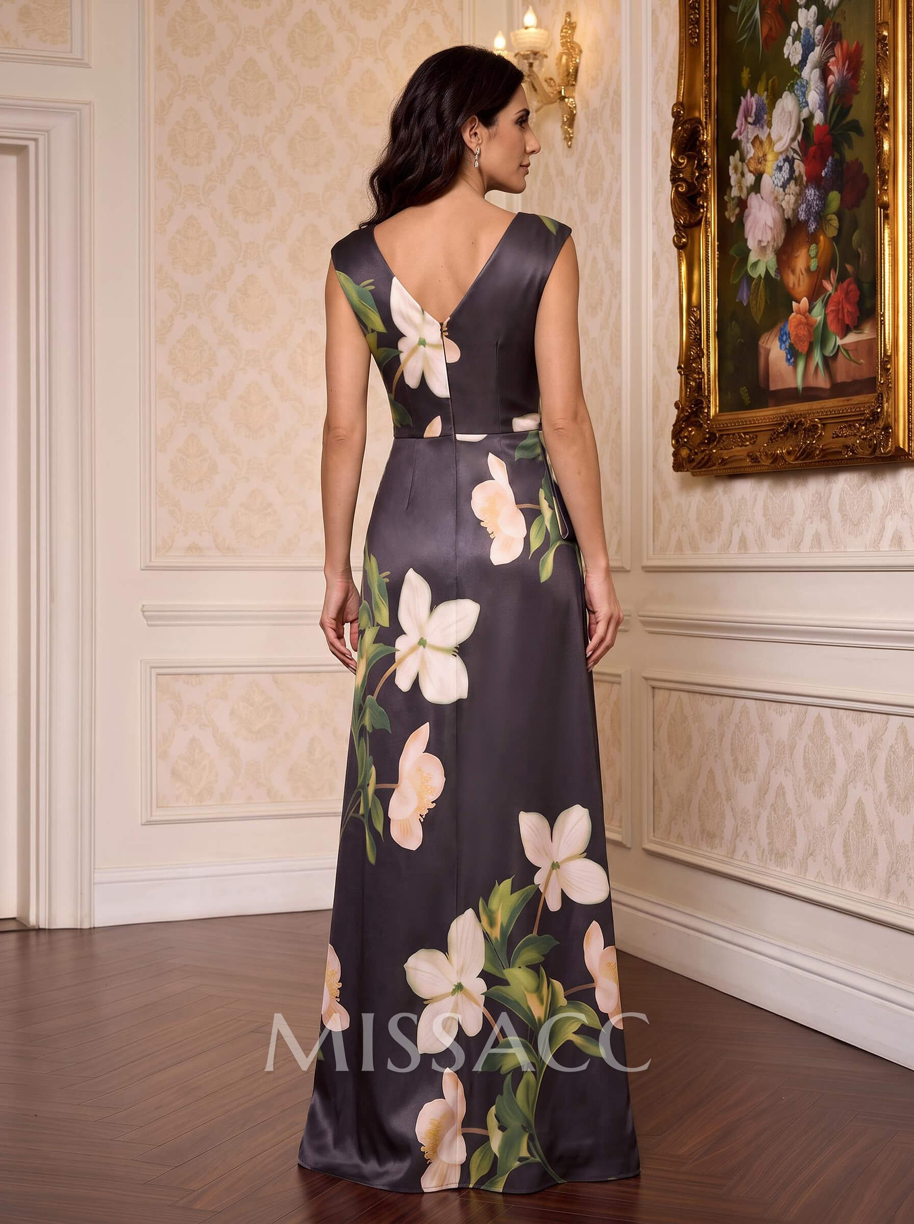 Sheath/Column Square Neckline Sleeveless Floor-Length Satin Mother Of The Bride Dresses With Floral-Print