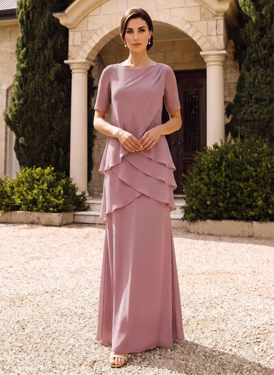 Sheath/Column Scoop Neck Short Sleeves Floor-Length Chiffon Mother Of The Bride Dresses With Cascading Ruffles