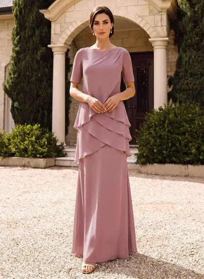 Sheath/Column Scoop Neck Short Sleeve Floor-Length Chiffon Mother Of The Bride Dress With Cascading Ruffles