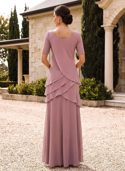 Sheath/Column Scoop Neck Short Sleeves Floor-Length Chiffon Mother Of The Bride Dresses With Cascading Ruffles
