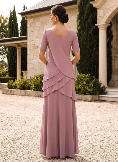 Sheath/Column Scoop Neck Short Sleeve Floor-Length Chiffon Mother Of The Bride Dress With Cascading Ruffles