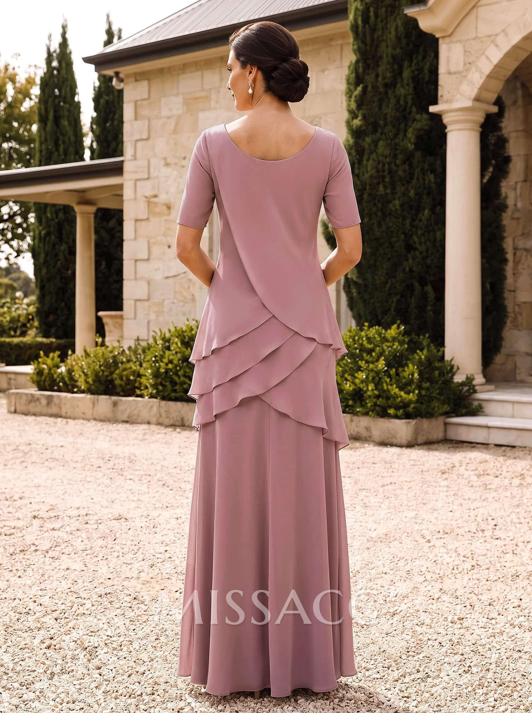 Sheath/Column Scoop Neck Short Sleeves Floor-Length Chiffon Mother Of The Bride Dresses With Cascading Ruffles