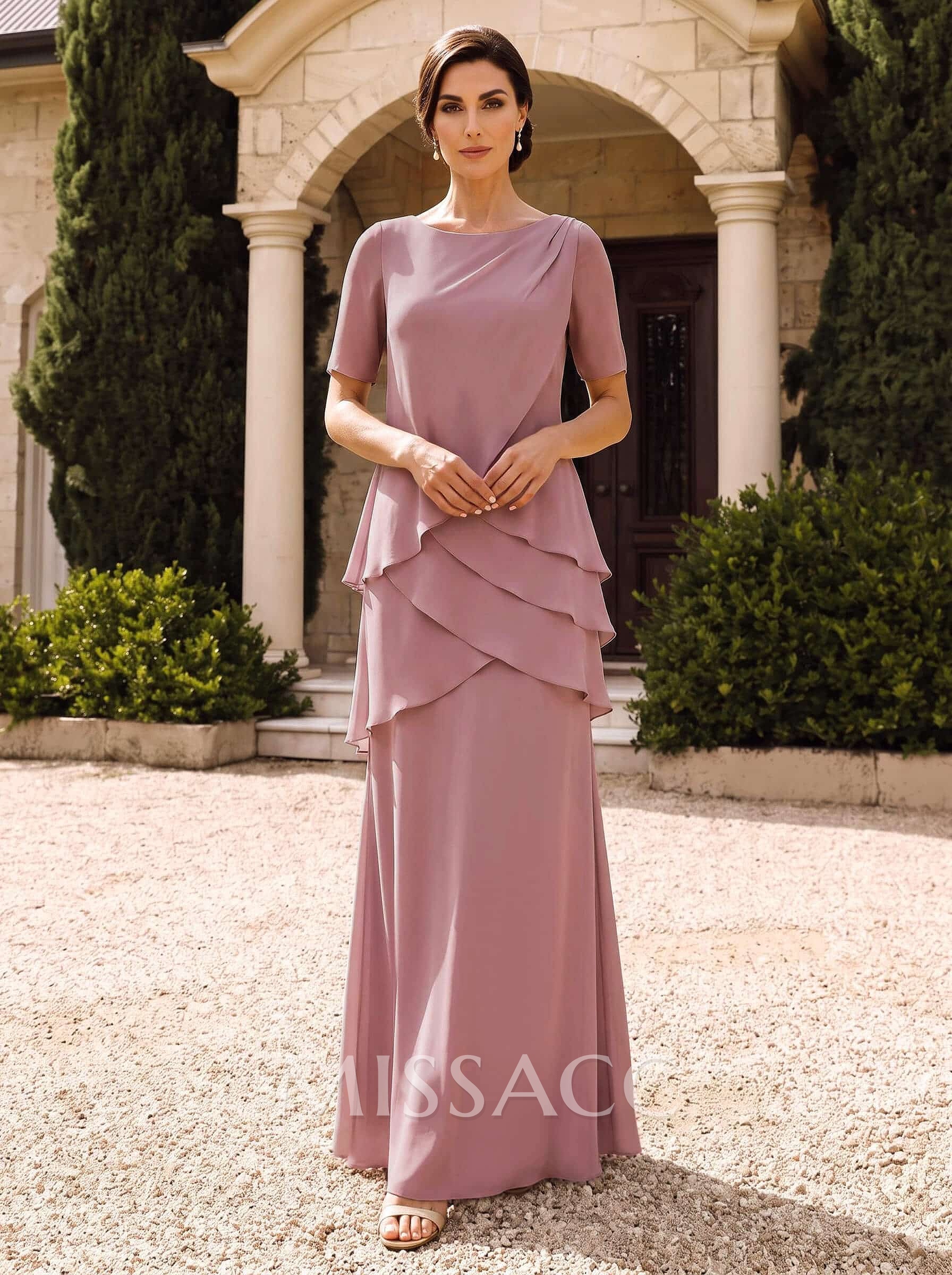 Sheath/Column Scoop Neck Short Sleeves Floor-Length Chiffon Mother Of The Bride Dresses With Cascading Ruffles