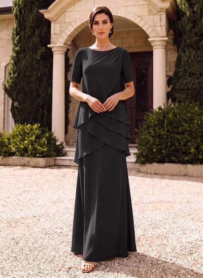 Column Scoop Neck Short Sleeve Floor-Length Chiffon Mother of the Bride Dress with Cascading Ruffles
