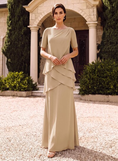 Column Scoop Neck Short Sleeve Floor-Length Chiffon Mother of the Bride Dress with Cascading Ruffles