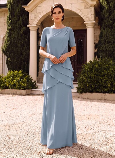 Sheath/Column Scoop Neck Short Sleeves Floor-Length Chiffon Mother Of The Bride Dresses With Cascading Ruffles