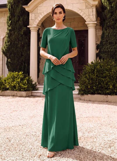 Sheath/Column Scoop Neck Short Sleeves Floor-Length Chiffon Mother Of The Bride Dresses With Cascading Ruffles
