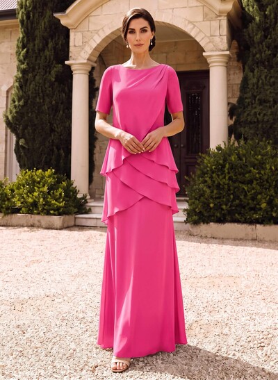 Sheath/Column Scoop Neck Short Sleeves Floor-Length Chiffon Mother Of The Bride Dresses With Cascading Ruffles