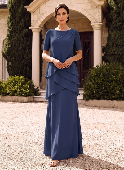 Sheath/Column Scoop Neck Short Sleeves Floor-Length Chiffon Mother Of The Bride Dresses With Cascading Ruffles