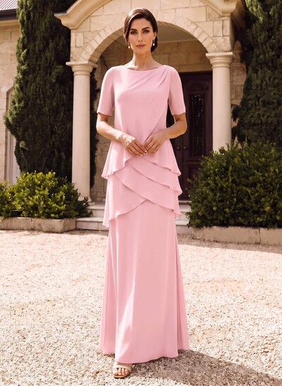 Sheath/Column Scoop Neck Short Sleeves Floor-Length Chiffon Mother Of The Bride Dresses With Cascading Ruffles